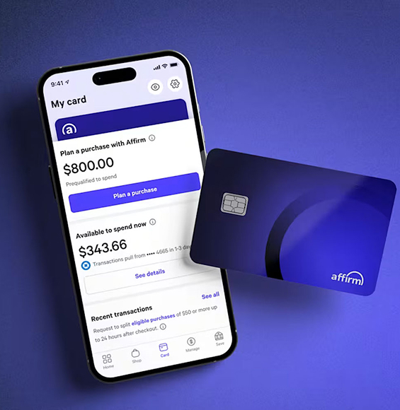 An Affirm branded credit card next to a cellphone showing an application for a purchase using Affirm
